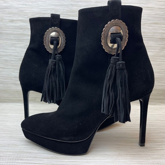 NEW Saint Laurent Classic Janis 105 Concho Ankle Boot in Black Suede Size 37 - Picture 2 of 15